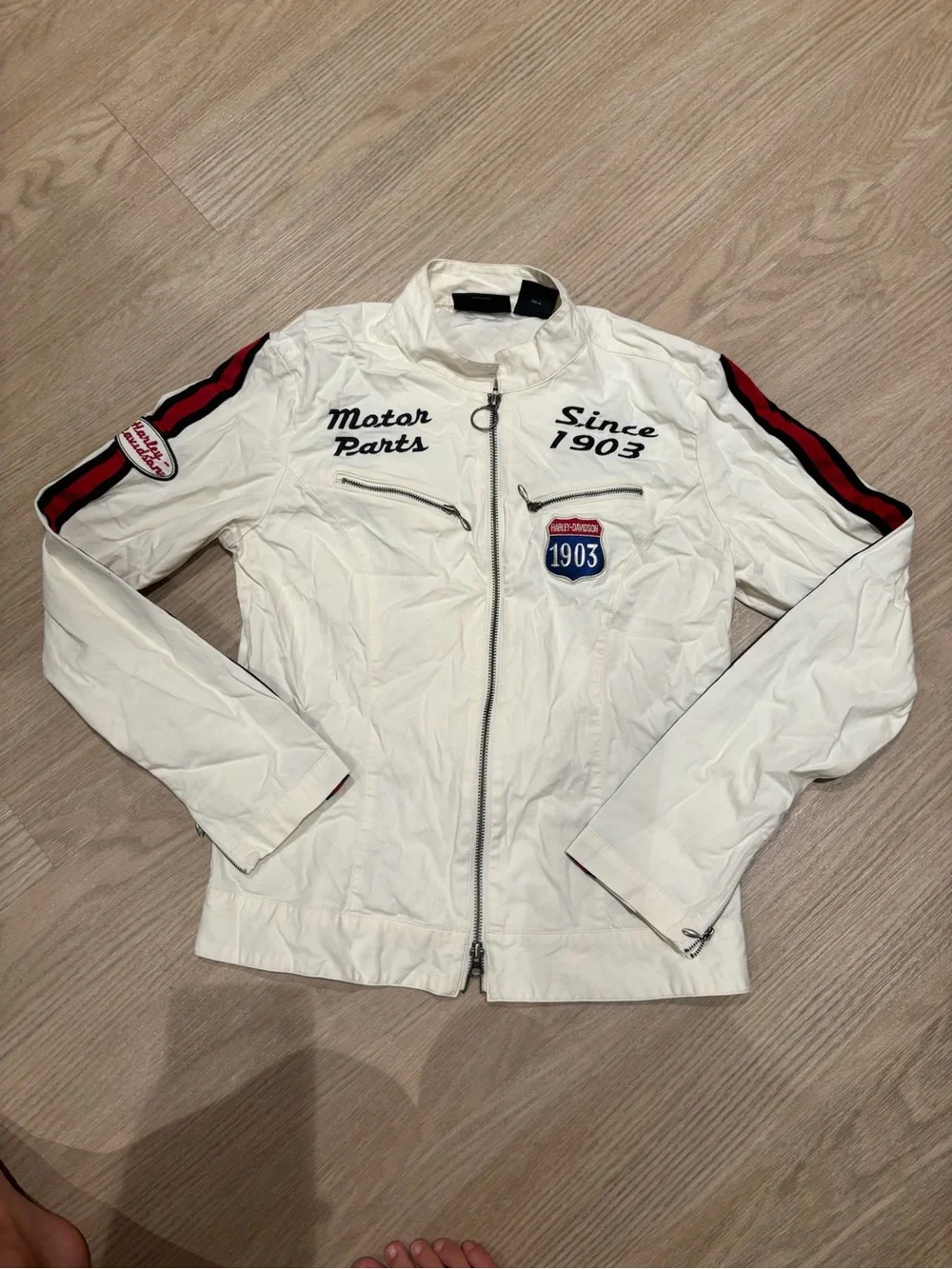 Women’s Harley-Davidson White Jacket with Red and Black Sleeve Stripes